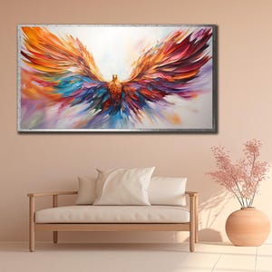 Bird Canvas Wall Art, Framed Art Print, Mythology Poster, Simurgh Bird Wall Decor, Multicolor Phoenix Print Art, Vibrant Phoenix Framed Art