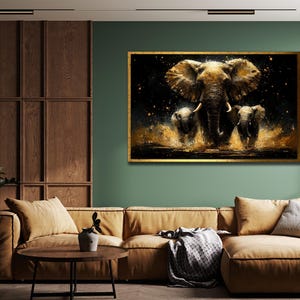 Elephant Portrait on Canvas, Family Elephant Wall Art, Animal Poster, Gold Elephant Wall Decor, Canvas Or Poster, Living Room Decor