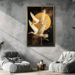 Japanese Crane Canvas, Traditional Wall Art, Crane Art Print, Animal Poster, Asian Wall Decor, Elegant Bird Artwork, Office Wall Decor