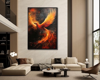 Fiery Phoenix Rising Canvas, Mythical Birds Painting, Framed Mythology Print