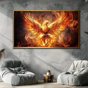 Fire Bird Canvas Wall Art, Framed Art Print, Mythology Poster, Simurgh Bird Wall Decor,  Phoenix Print Art, Fire Phoenix Framed Art