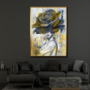 Tela de mulher com cabeça de rosa, decoração de parede com flores, arte impressa em tela com retrato de menina, pôster de mulher de luxo, decoração feminina para casa, presente feminino perfeito