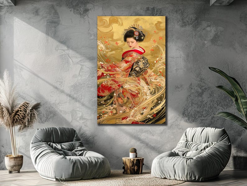 Elegant Geisha Portrait Canvas Print: Japanese Art Wall Decor, Golden ...