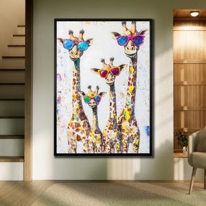 Lienzo de jirafa para pared, impresión artística divertida de jirafa, póster de animales, decoración de pared familiar de jirafas, arte animal divertido, lienzo con retrato de jirafa