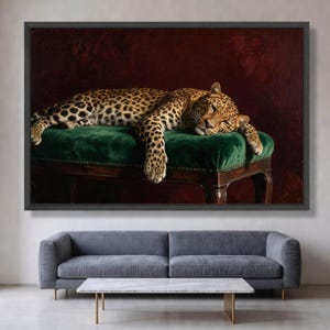Leopard on Green Velvet Chair Canvas Print, Wildlife Wall Art, Nature Decor