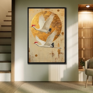 Japanese Crane Canvas, Traditional Wall Art, Crane Art Print, Animal Poster, Asian Wall Decor, Elegant Bird Artwork, Office Wall Decor