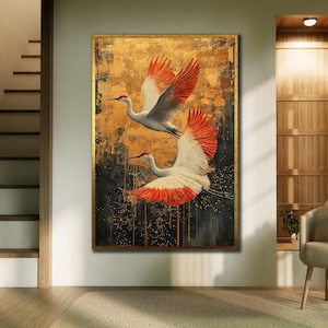 Japanese Crane Canvas, Traditional Wall Art, Crane Art Print, Animal Poster, Asian Wall Decor, Elegant Bird Artwork, Office Wall Decor