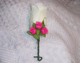 Hot Pink Boutonniere Flower Ivory Rose Lapel Groom Bestman Ushers Father of Bride Wedding Quinceanera Ringbearer Speaker