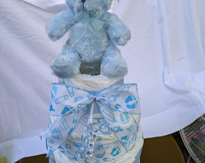 Blue Teddy Bear Diaper Cake Baby Shower Games Boy Party Favors Table ...