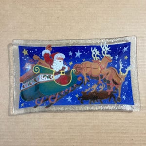 Christmas Tray, Peggy Karr 2001 fused glass Santa reindeer