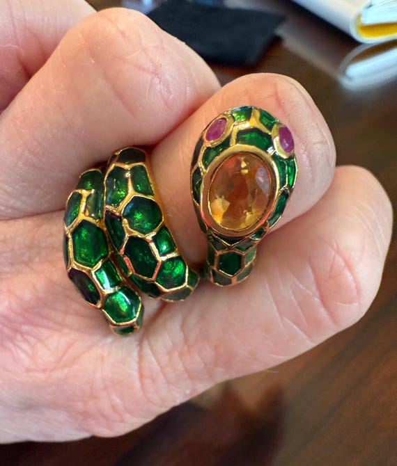 Bold snake statement ring featuring yellow citron… - image 6