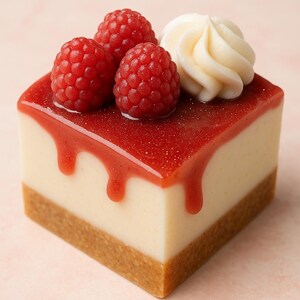 May include: A square dessert with a graham cracker crust, a creamy white filling, and a glossy red topping that drips down the sides. Three fresh red raspberries and a swirl of white cream complete the presentation.