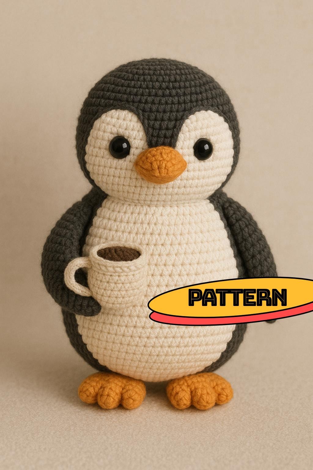 PENGUIN Amigurumi Crochet Pattern PDF – Coffee Lover Plush Toy Tutorial with Diagrams