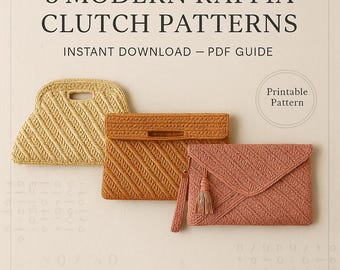 3 Raffia Crochet Clutch Bag Patterns PDF – Herringbone & Diagonal Stitch Purse Tutorials – Foldover, Slit Handle, Rounded Bag Designs