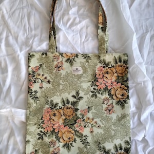 Cotton handmade tote bag, green floral canvas, deadstock 60s fabric