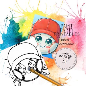 Cutie Honkbal en vleermuis verffeest afdrukbaar, kinderkunst, transfersontwerp, prints schilderen verf en slokje