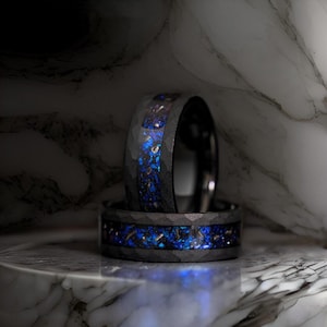 Galaxy Opal Meteorite Tungsten Ring Hammered Black Wedding Band