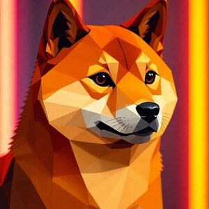 Könnte beinhalten: Eine Low-Poly-Illustration eines Shiba Inu Hundes mit orangefarbenem Fell, schwarzer Nase und braunen Augen. Der Hund schaut direkt auf den Betrachter. Der Hintergrund ist unscharf orange und lila.