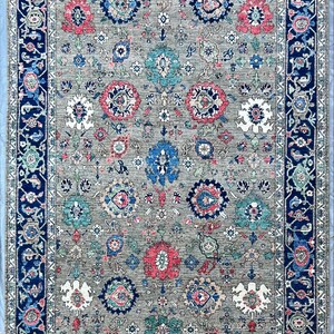 6x9 Hand Knotted Oushak Rug – Blue and Grey Turkish Wool Area Rug – Modern Multicolor Carpet for Living Room Decor