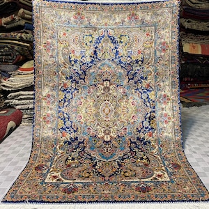 3x5 Ft Heriz Medallion  Design Silk Rug Navy Blue ,Gold Traditional Heriz Design Suitable for Floor Display or Wall Hanging