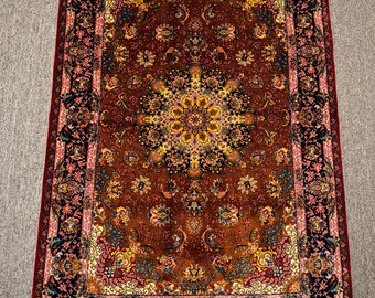 Magnífica alfombra de seda roja con medallón de 3x5 pies – Elegante diseño floral / Alfombra de lujo y tapiz de pared, ideal para la decoración de la sala de estar, el dormitorio o la oficina.