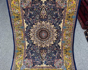 Alfombra de seda floral azul y amarilla de 2x3 pies con diseño de medallón, alfombra decorativa de lujo, decoración para el hogar, sala de estar y oficina.