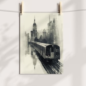 Metro w Nowym Jorku z panoramą miasta, czarno-biała fotografia miejska, nowoczesna sztuka cyfrowa do pobrania, dekoracja ścienna pociągu w Nowym Jorku dla miłośników miasta