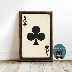 Ace of Clubs Digitaldruck, Trendy Spielkarte druckbare Wandkunst, schwarzer Anzug, Kasino-Spielzimmer-Wohnheim-Mann-Höhlen-Dekor, Schürhaken-Geschenk