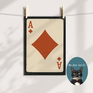 Ace of Diamonds Digitaldruck, Trendy Spielkarte druckbare Wandkunst, roter Anzug, Kasino-Spielzimmer-Wohnheim-Mann-Höhlen-Dekor, Pokerspieler-Geschenk