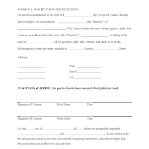 Op de afbeelding: Een wit Quitclaim Deed-document met zwarte tekst. Het document bevat velden voor referentienummers, namen, adressen en datums. Het is een juridisch formulier voor het overdragen van eigendomsrechten.