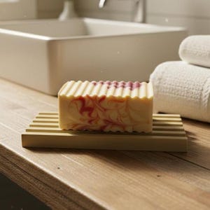 May include: A rectangular bar of soap with a wavy top, resting on a wooden soap dish. The soap has a creamy yellow base with red and pink swirls. The soap dish is made of light-colored wood.