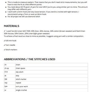 May include: A digital document titled About this pattern containing instructions for a crochet project. It lists materials including 6-8 mm hooks, yarn needles, and stitch markers, alongside a table defining abbreviations like ch, sc, and dc stitches.