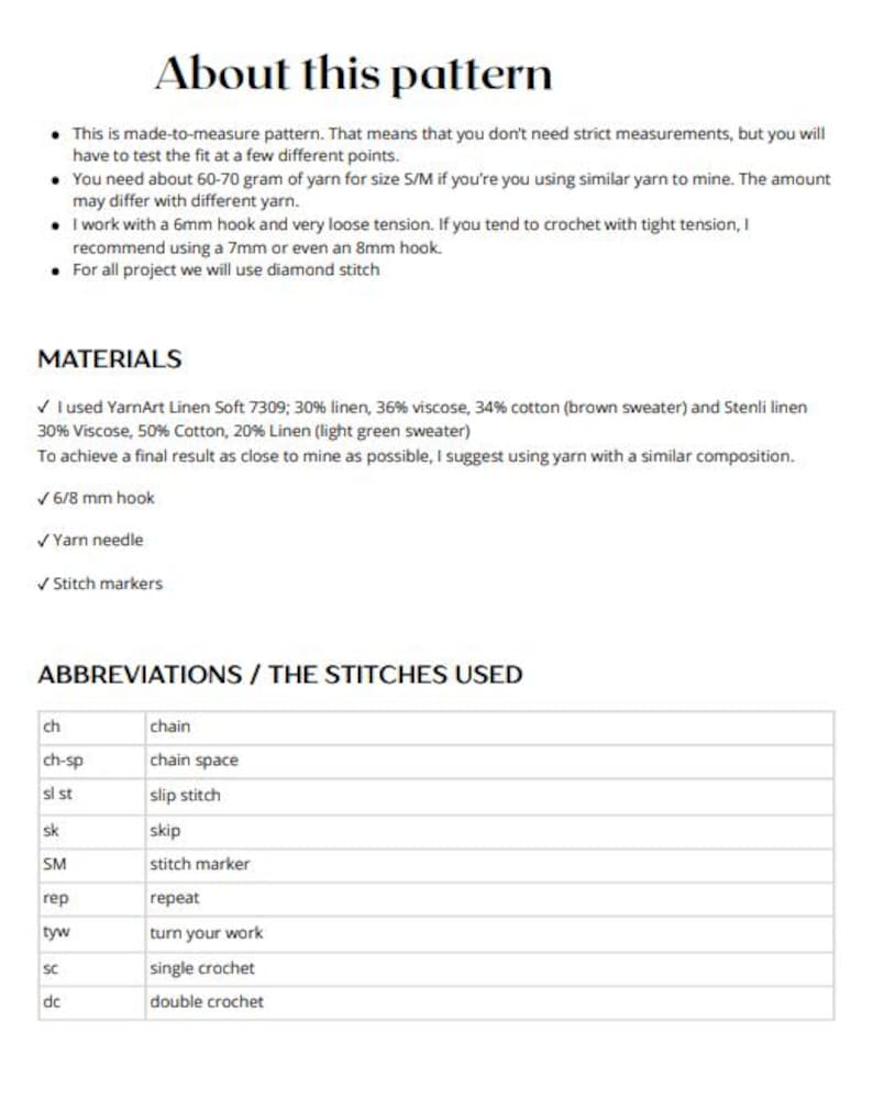 May include: A digital document titled About this pattern containing instructions for a crochet project. It lists materials including 6-8 mm hooks, yarn needles, and stitch markers, alongside a table defining abbreviations like ch, sc, and dc stitches.