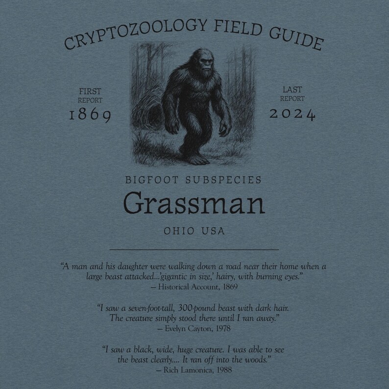 Grassman Bigfoot Shirt – Ohio Cryptid Tee Featuring Nest Background for Folklore Fans, Midwest Monster Hunters, and Forest Mystery Lovers