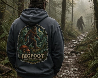 Bigfoot Hoodie, Sasquatch Cryptid Sweatshirt, Southern Appalachia Folklore Back Print Hoodie