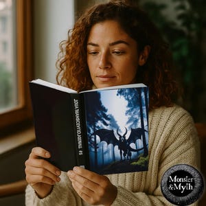May include: A woman reads a book titled "#5  TWINNED, DECEIVED,  JOURNEY" with a black and white illustration of a creature with wings and horns in a dark forest setting.