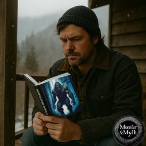 May include: A person wearing a black beanie and a black jacket is reading a book with a cover featuring a blue and black illustration of Bigfoot in a forest. The book title is "The Complete Guide to Bigfoot Encounters".