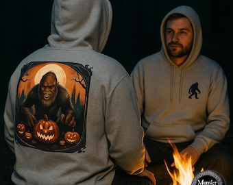 Halloween Cryptid Hoodie Bigfoot Sasquatch Pumpkin Patch Predator Graphic Sweatshirt Spooky Monster Folklore Apparel