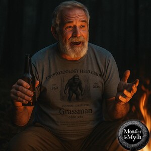 May include: A man wearing a grey t-shirt with a black and white illustration of a Bigfoot creature. The shirt has the text "Cryptozoology Field Guide" and "Grassman" with the years 1869 and 2024. The man is holding a bottle of beer and looking to the right.