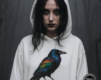 Rainbow Raven Comfort Colors Hoodie: Gothic Queer Pride Sweatshirt