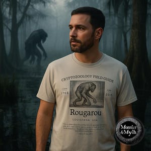 May include: A light tan t-shirt with the text "CRYPTOZOOLOGY FIELD GUIDE" and an illustration of a Rougarou. The shirt also includes the text "Rougarou LOUISIANA USA" and the years 1765 and 2016. The shirt has a round neck and short sleeves.