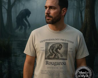 May include: A light tan t-shirt with the text "CRYPTOZOOLOGY FIELD GUIDE" and an illustration of a Rougarou. The shirt also includes the text "Rougarou LOUISIANA USA" and the years 1765 and 2016. The shirt has a round neck and short sleeves.
