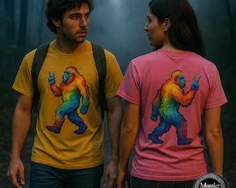Rainbow Bigfoot Pride T-Shirt: Double-Sided Sasquatch Peace Sign