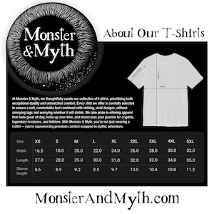 May include: A size chart for t-shirts with measurements in inches. The chart shows the width, length, and sleeve length for sizes XS to 5XL. The chart is labeled "Monster & Myth" and includes the website address "MonsterAndMyth.com".