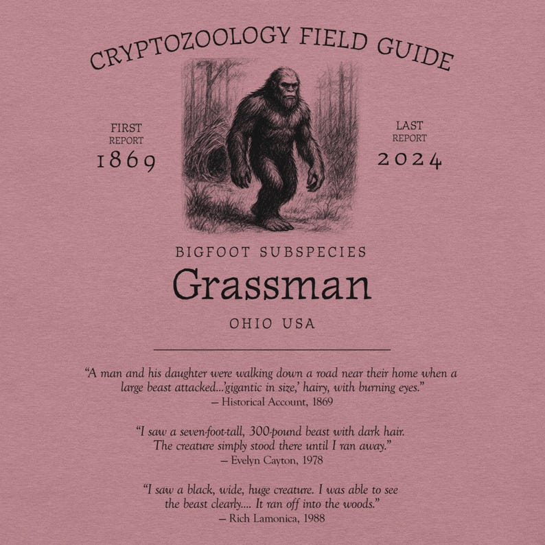 Grassman Bigfoot Shirt – Ohio Cryptid Tee Featuring Nest Background for Folklore Fans, Midwest Monster Hunters, and Forest Mystery Lovers