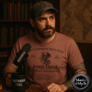 May include: A man wearing a pink t-shirt with a graphic of the Jersey Devil, a mythical creature from New Jersey folklore. The shirt has the text "Cryptozoology Field Guide" and "Pine Barrens, New Jersey, USA". The man is holding a black mug with the text "Mothman Fuel".