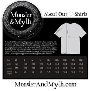 May include: A size chart for t-shirts with measurements in inches. The chart shows the width, length, and sleeve length for sizes XS to 5XL. The chart is labeled "Monster & Myth" and includes the website address "MonsterAndMyth.com".