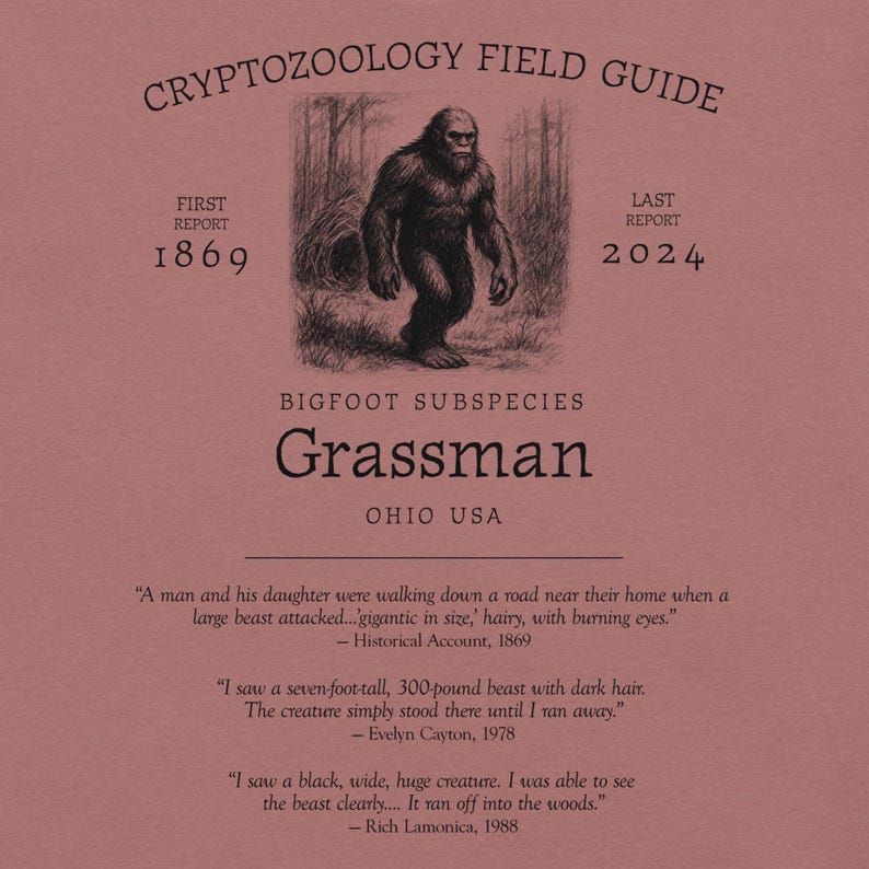 Grassman Bigfoot Shirt – Ohio Cryptid Tee Featuring Nest Background for Folklore Fans, Midwest Monster Hunters, and Forest Mystery Lovers