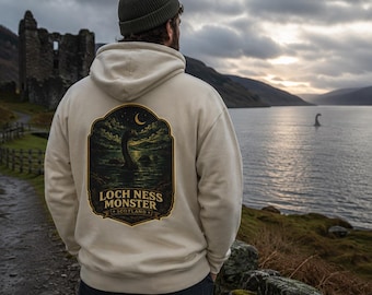 Loch Ness Monster Hoodie, Nessie Cryptid Sweatshirt, Scotland Folklore Back Print Hoodie