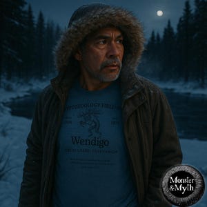 Puede incluir: Un hombre con una chaqueta marrón con capucha y una camiseta azul con un gráfico de una criatura y el texto "Cryptozoology Field Guide 1896 - 1978 Wendigo Great Lakes USA CANADA".